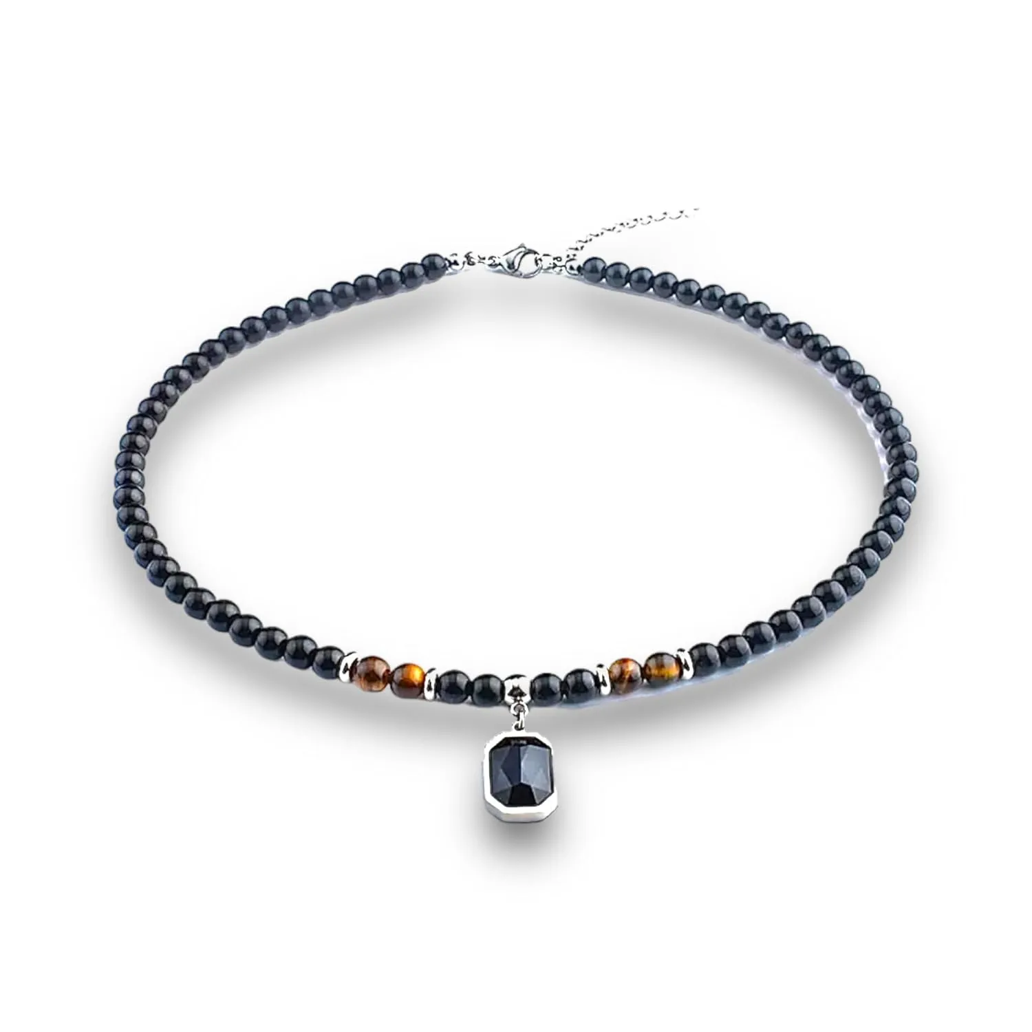 Black Bead Choker and Necklace for men, Tiger eye stone beads. Natural Stone Bead Necklaces for Men, Teenagers, Men necklace BALOOLA HANDCRAFTED jewelry. (Beads and square statement)