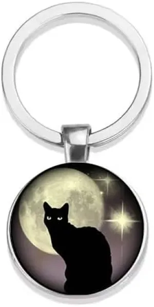 Black Cat and Moon Pendant Keychain, Silver Tone