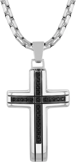 Black Diamond Cross in Black and Stainless Steel Pendant for Men on 24" Rolo Chain