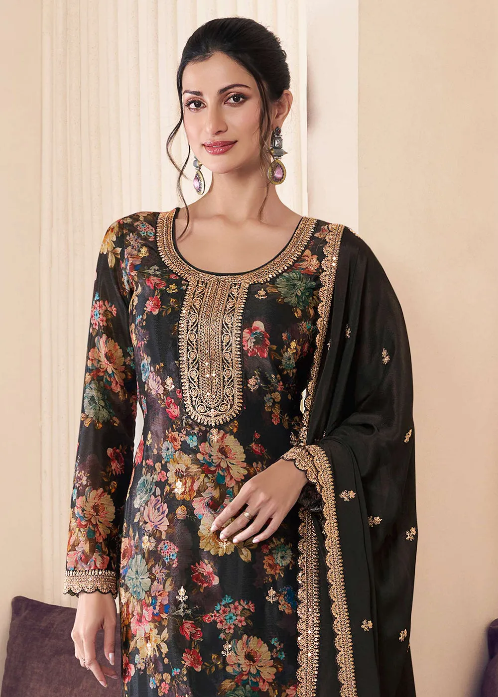 Black Digital Printed Chinnon Pakistani Style Suit