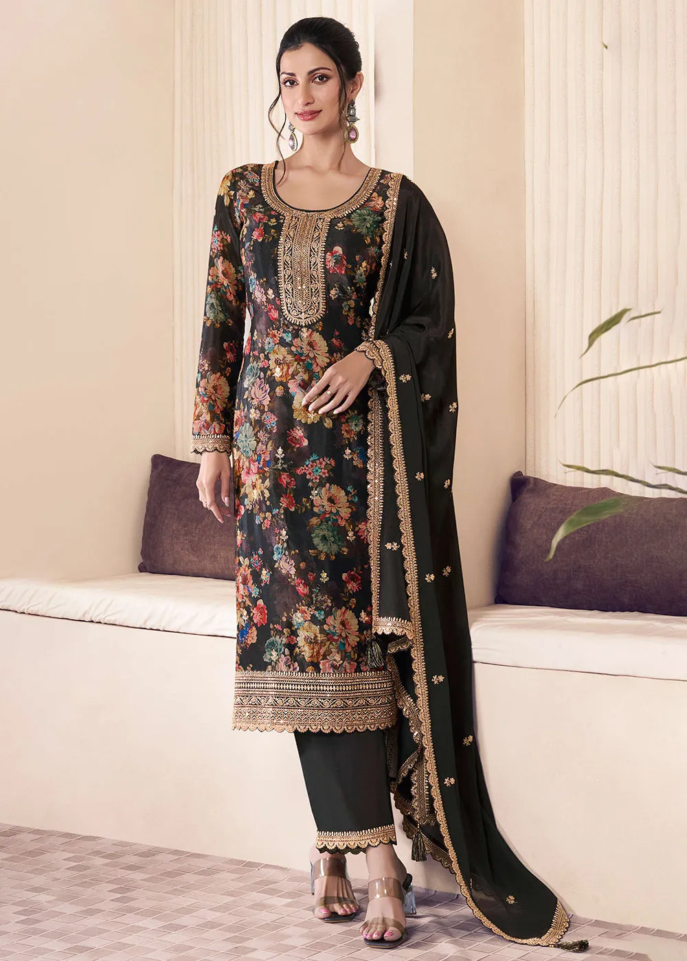 Black Digital Printed Chinnon Pakistani Style Suit