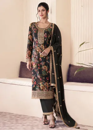 Black Digital Printed Chinnon Pakistani Style Suit