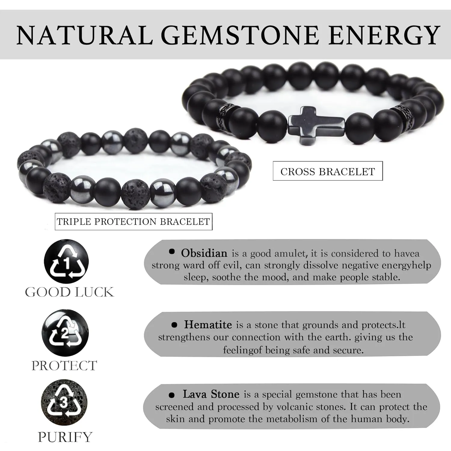 Black Obsidian Bracelet - Cross Bracelet - Tourmaline Beaded Bracelets, 8MM Black Onyx Hematite Lava Stone Beads Triple Protection Bracelet for Men Women Gifts