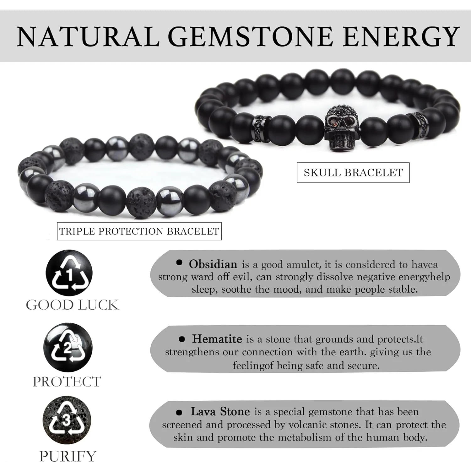 Black Obsidian Bracelet - Skull Bracelet - Tourmaline Beaded Bracelets - 8MM Black Onyx Hematite Lava Stone Beads Triple Protection Bracelet for Men Women Gifts
