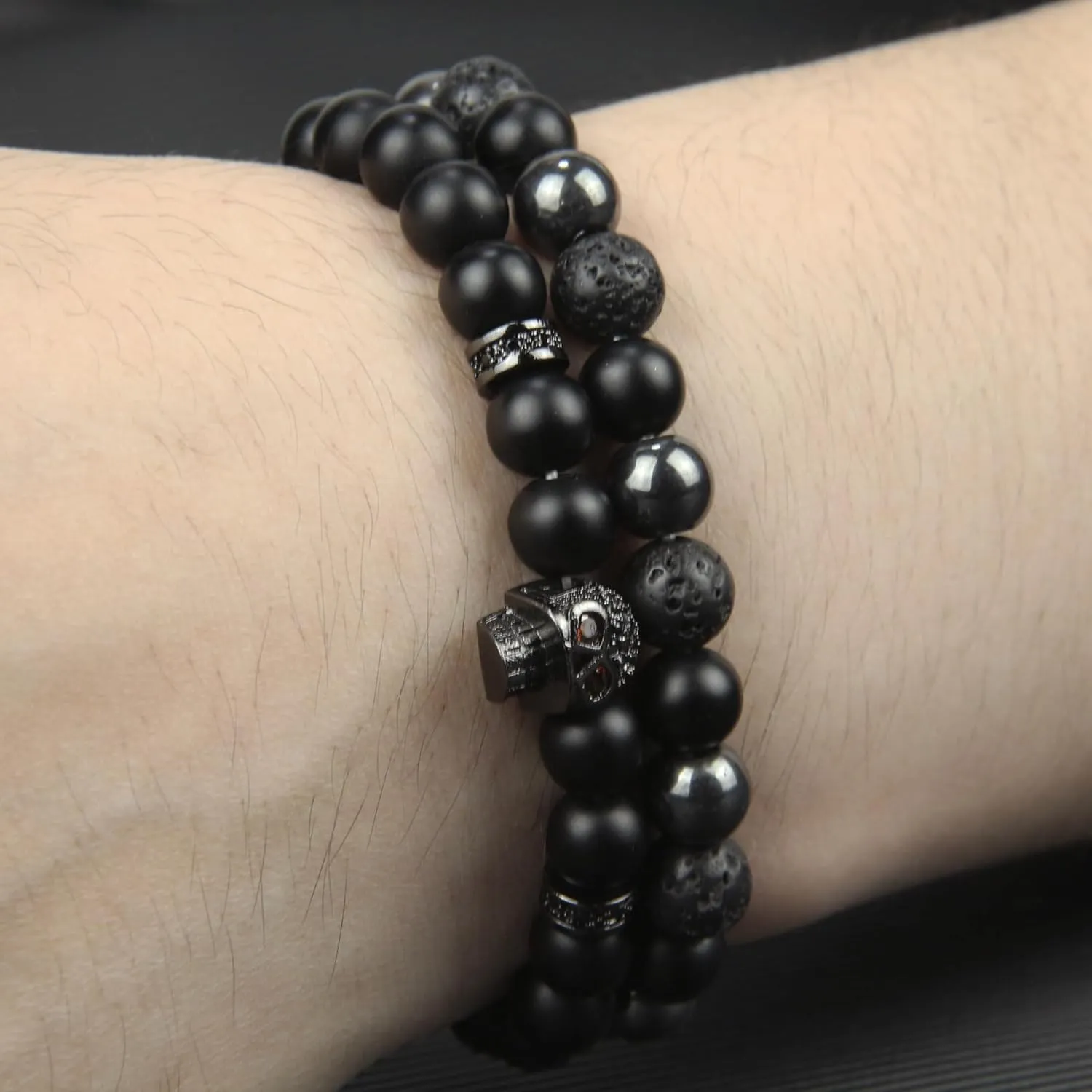 Black Obsidian Bracelet - Skull Bracelet - Tourmaline Beaded Bracelets - 8MM Black Onyx Hematite Lava Stone Beads Triple Protection Bracelet for Men Women Gifts