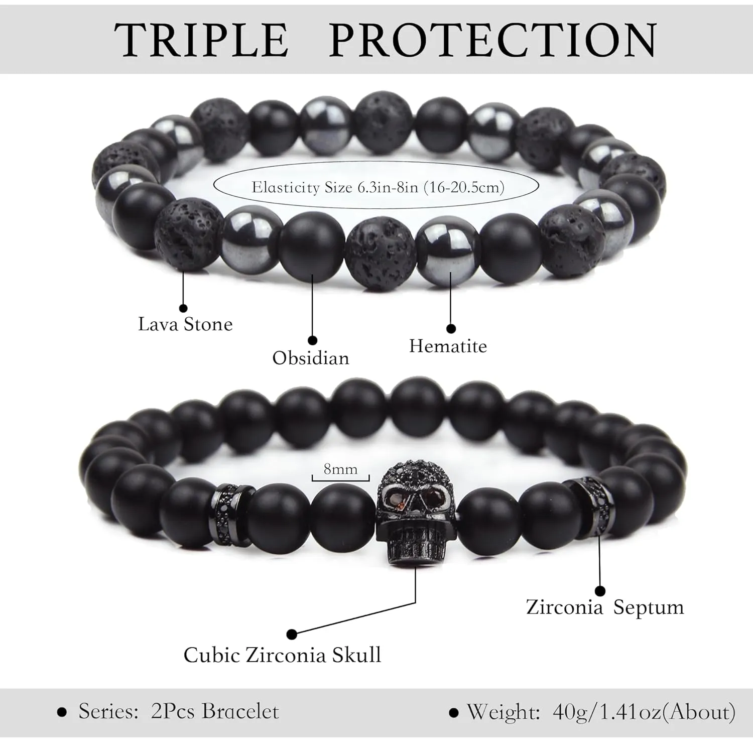 Black Obsidian Bracelet - Skull Bracelet - Tourmaline Beaded Bracelets - 8MM Black Onyx Hematite Lava Stone Beads Triple Protection Bracelet for Men Women Gifts