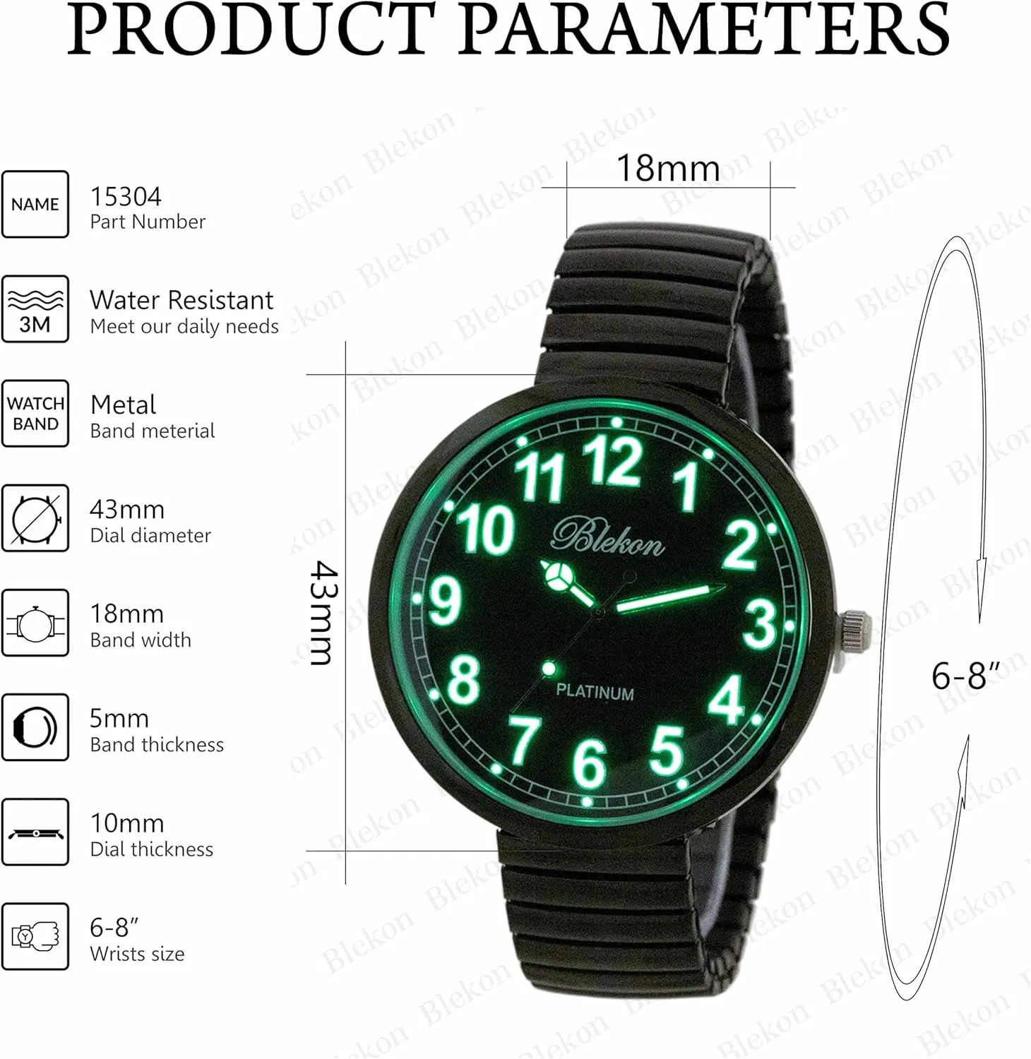 Blekon Collections New Super Large Face Stretch Band Luminous Hands and Numbers Dial Japanese Movement PC21J Fashion Watch