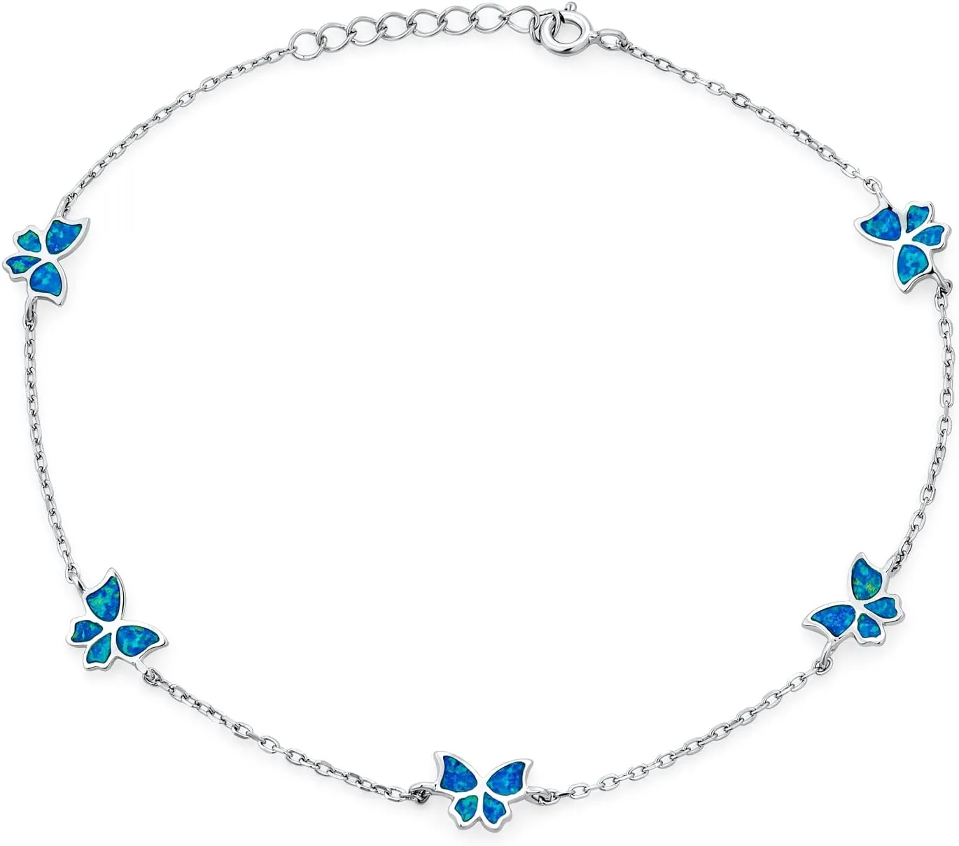 Bling Jewelry Summer Garden Nature Color Opalescent Butterfly Created Blue Pink Opal Charm Anklet Ankle Bracelet For Women Teens .925 Sterling Silver Adjustable 9-10 Inch