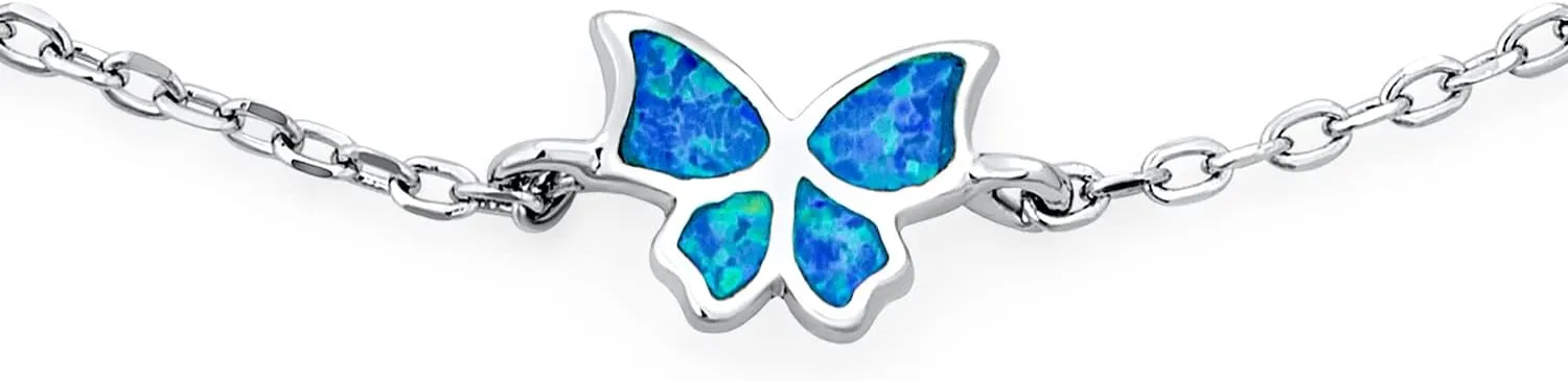 Bling Jewelry Summer Garden Nature Color Opalescent Butterfly Created Blue Pink Opal Charm Anklet Ankle Bracelet For Women Teens .925 Sterling Silver Adjustable 9-10 Inch