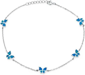 Bling Jewelry Summer Garden Nature Color Opalescent Butterfly Created Blue Pink Opal Charm Anklet Ankle Bracelet For Women Teens .925 Sterling Silver Adjustable 9-10 Inch