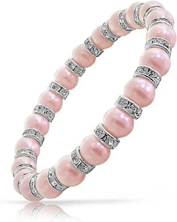 Bling Jewelry White Pink Black Simulated Pearl Stackable Strand Stretch Bracelet For Women Crystal Rondelle Gold & Silver Plated Spacer