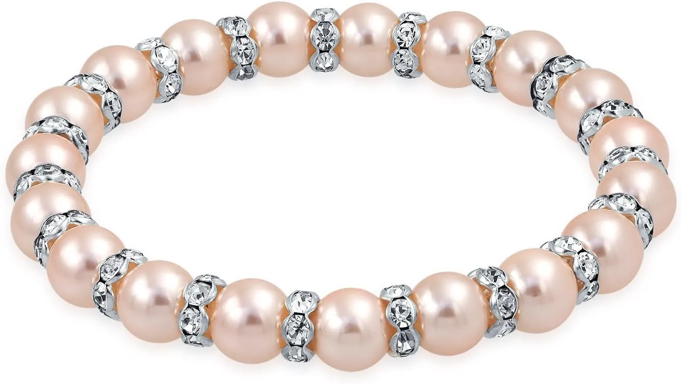 Bling Jewelry White Pink Black Simulated Pearl Stackable Strand Stretch Bracelet For Women Crystal Rondelle Gold & Silver Plated Spacer