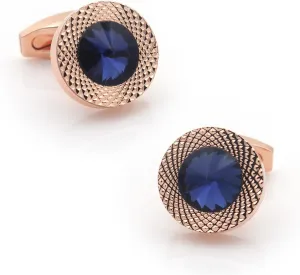 Blue Crystal Gem in Rose Gold Round Cufflinks  Elegant Men's Accessories, Stylish and Attention-Grabbing Design for Formal and Special Occasions