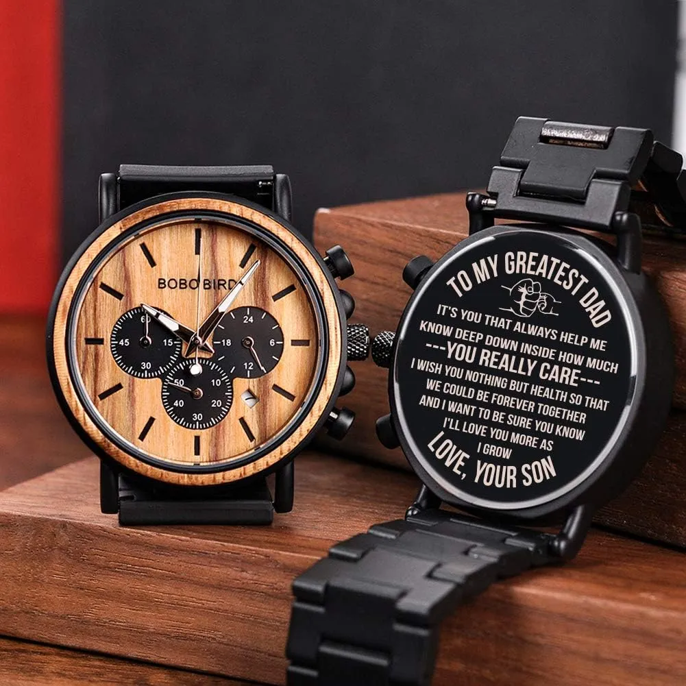 BOBO BIRD Mens Personalized Engraved Wooden Watches, Stylish Wood & Stainless Steel Combined Quartz Casual Wristwatches for Men Family Friends Customized Watch