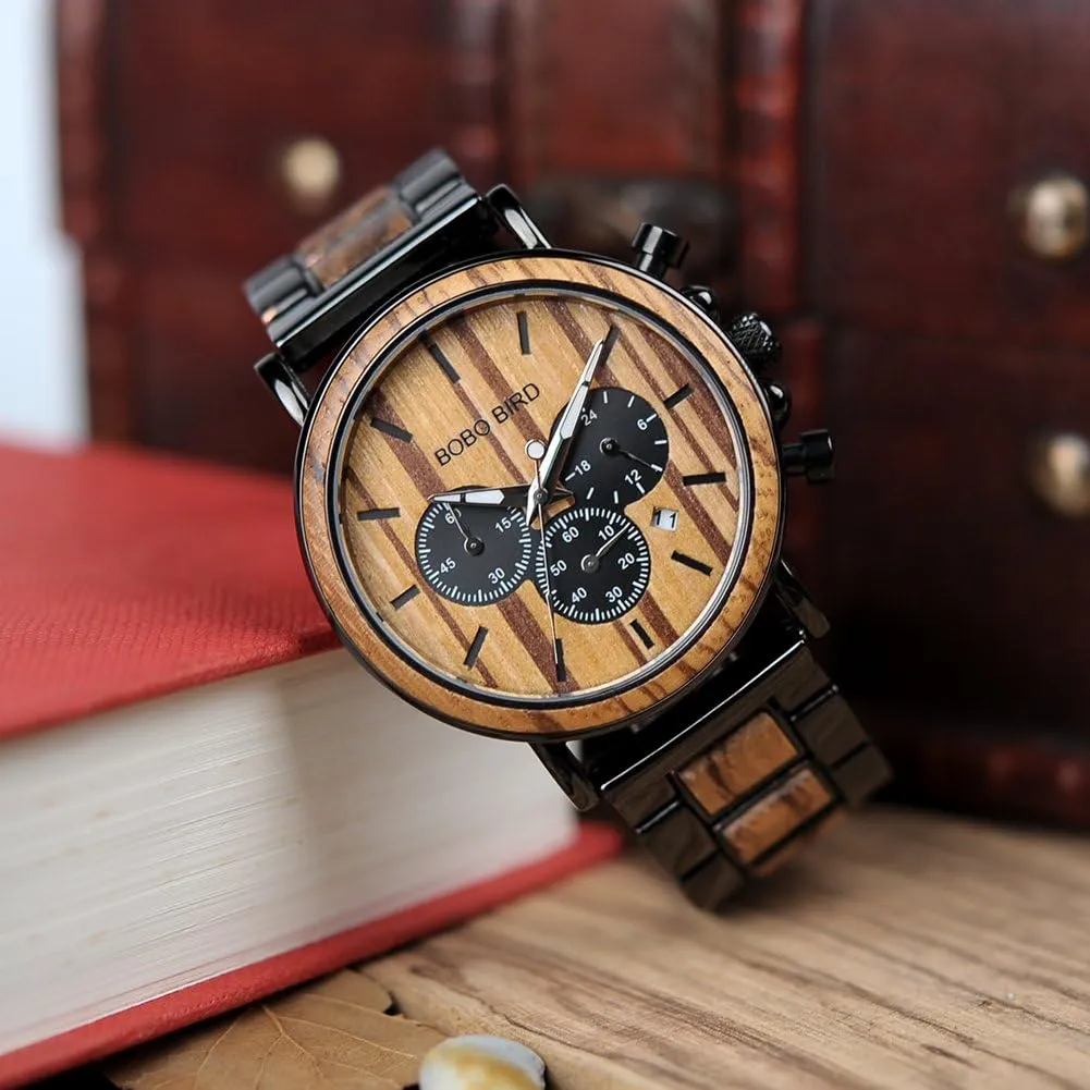 BOBO BIRD Mens Personalized Engraved Wooden Watches, Stylish Wood & Stainless Steel Combined Quartz Casual Wristwatches for Men Family Friends Customized Watch