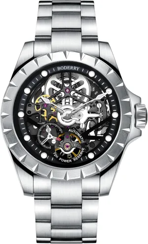 BODERRY Skeleton Mens Watches Titanium Automatic Mechanical Watch for Men 72H Power-Reserve 5ATM Waterproof Luminous Sapphire Crystal Wrist Watch and Leather Strap Mens Steampunk Gift-Urban