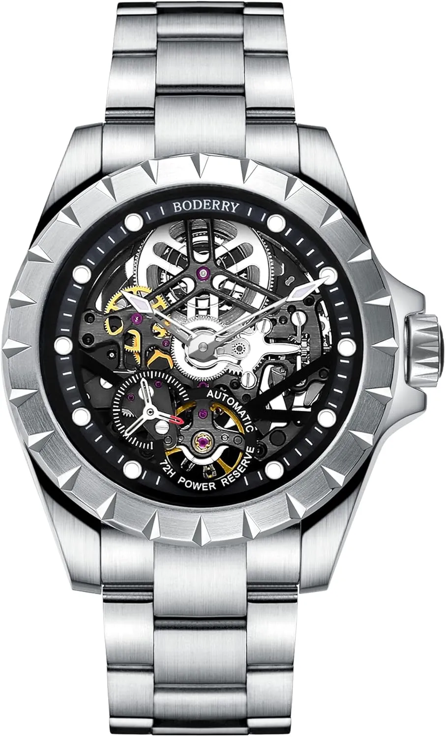 BODERRY Skeleton Mens Watches Titanium Automatic Mechanical Watch for Men 72H Power-Reserve 5ATM Waterproof Luminous Sapphire Crystal Wrist Watch and Leather Strap Mens Steampunk Gift-Urban