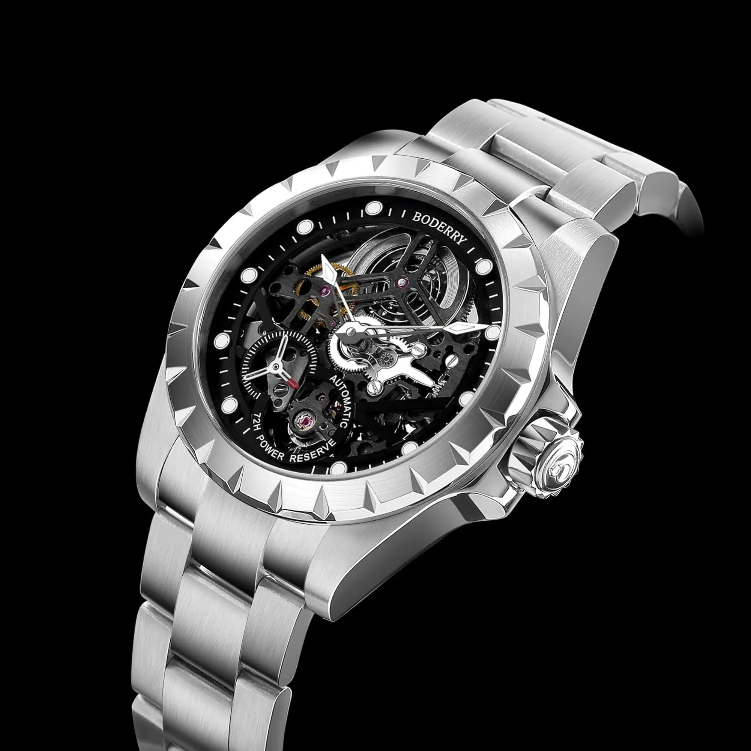 BODERRY Skeleton Mens Watches Titanium Automatic Mechanical Watch for Men 72H Power-Reserve 5ATM Waterproof Luminous Sapphire Crystal Wrist Watch and Leather Strap Mens Steampunk Gift-Urban