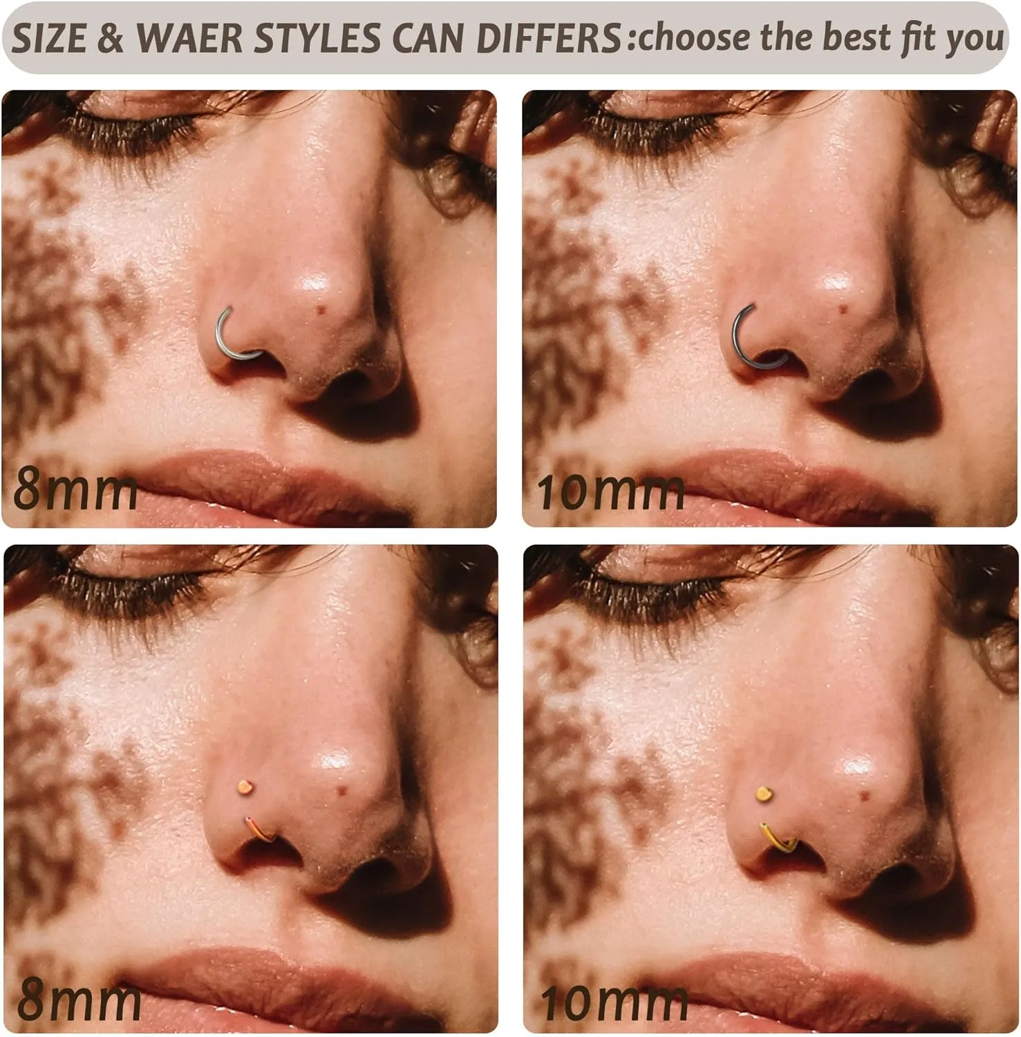 BodyBonita 10Pcs Nose Rings Hoops - 316L 22G 20G 18G Septum Rings Bendable Cartilage Earrings for Women Conch Piercing Jewelry Helix Rook Tragus Daith Snug Belly Button Ring 8 mm 10 mm