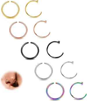 BodyBonita 10Pcs Nose Rings Hoops - 316L 22G 20G 18G Septum Rings Bendable Cartilage Earrings for Women Conch Piercing Jewelry Helix Rook Tragus Daith Snug Belly Button Ring 8 mm 10 mm