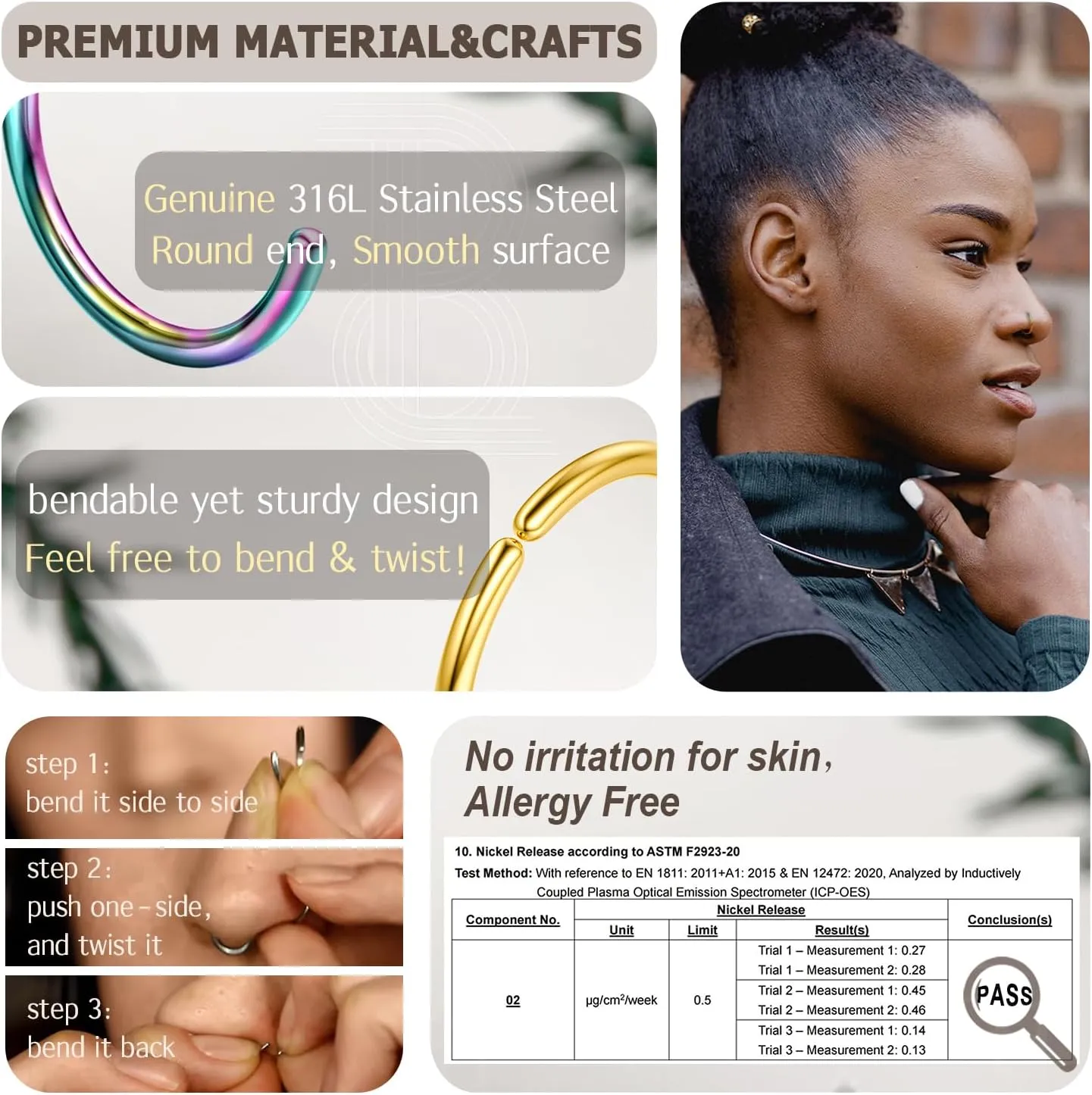BodyBonita 10Pcs Nose Rings Hoops - 316L 22G 20G 18G Septum Rings Bendable Cartilage Earrings for Women Conch Piercing Jewelry Helix Rook Tragus Daith Snug Belly Button Ring 8 mm 10 mm
