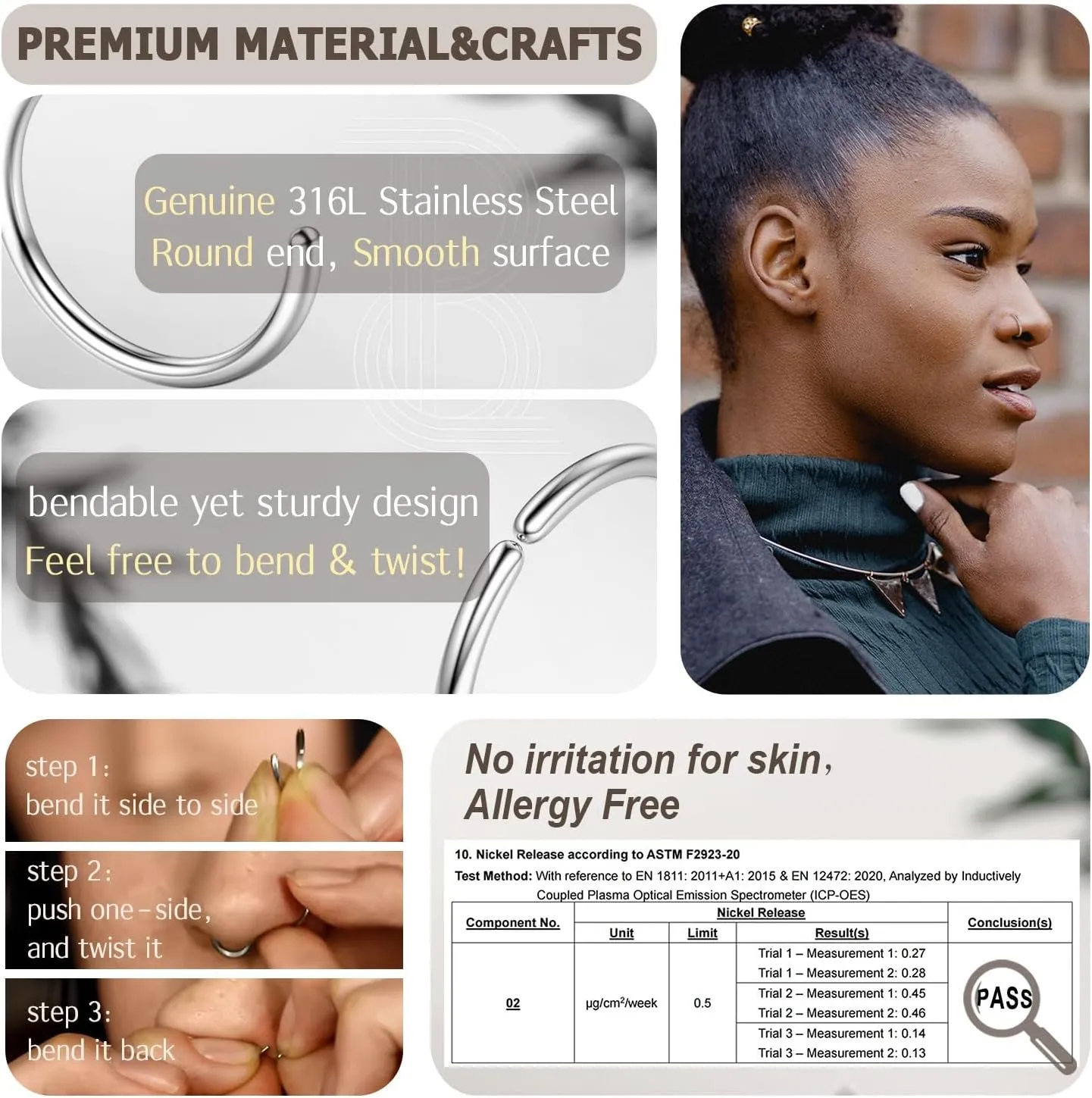 BodyBonita 10Pcs Nose Rings Hoops - 316L 22G 20G 18G Septum Rings Bendable Cartilage Earrings for Women Conch Piercing Jewelry Helix Rook Tragus Daith Snug Belly Button Ring 8 mm 10 mm