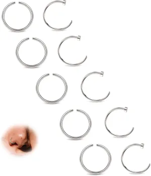 BodyBonita 10Pcs Nose Rings Hoops - 316L 22G 20G 18G Septum Rings Bendable Cartilage Earrings for Women Conch Piercing Jewelry Helix Rook Tragus Daith Snug Belly Button Ring 8 mm 10 mm