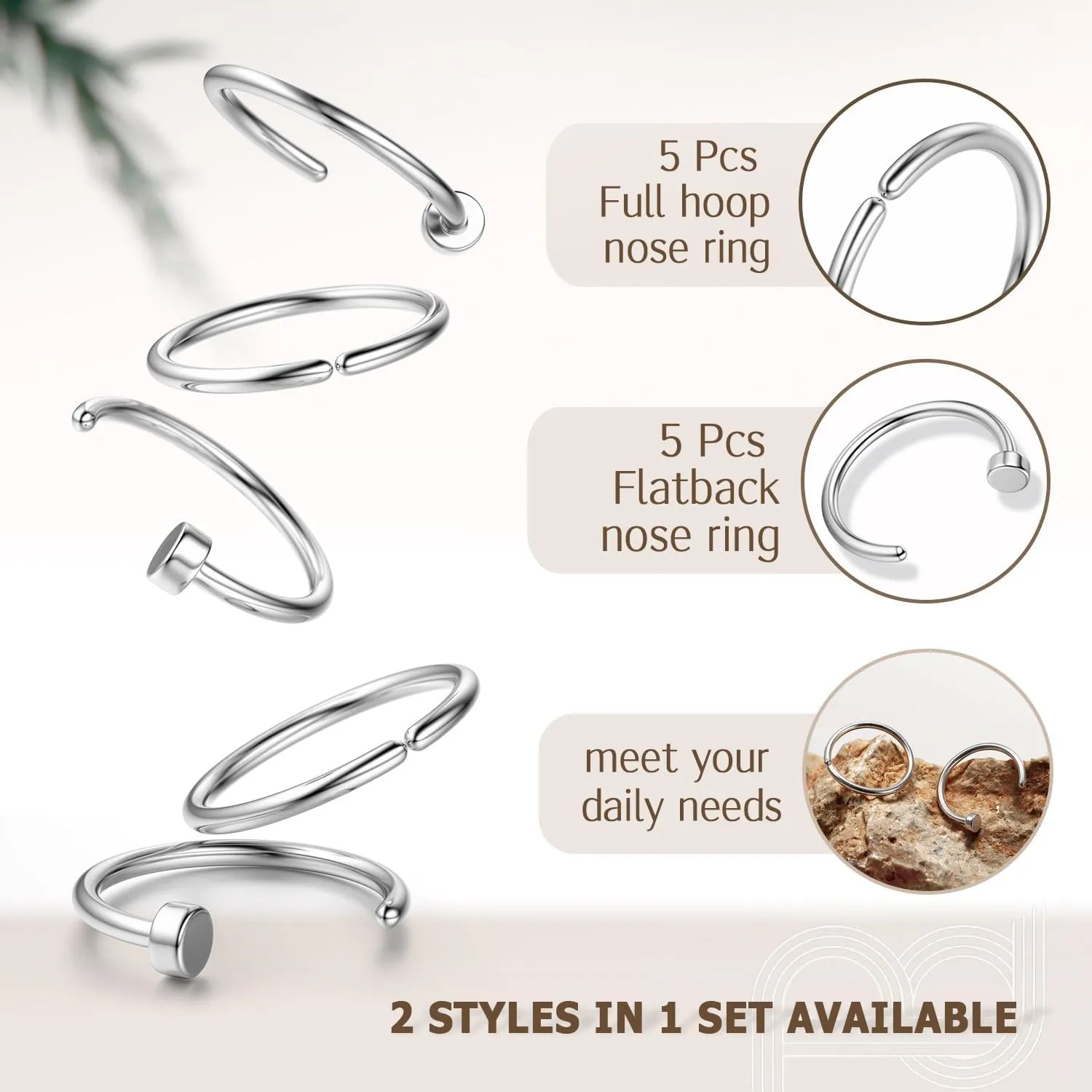 BodyBonita 10Pcs Nose Rings Hoops - 316L 22G 20G 18G Septum Rings Bendable Cartilage Earrings for Women Conch Piercing Jewelry Helix Rook Tragus Daith Snug Belly Button Ring 8 mm 10 mm