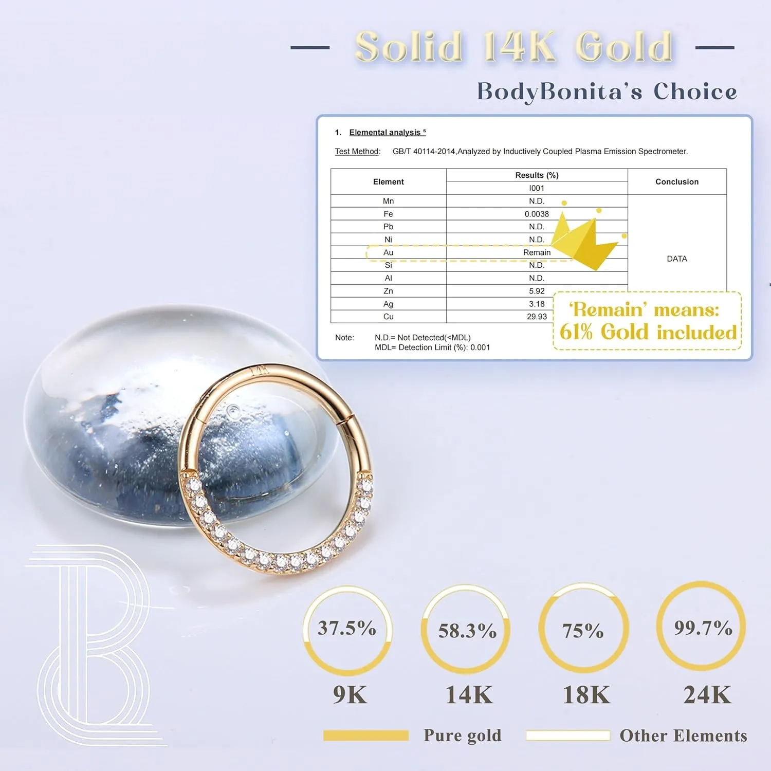 BodyBonita Hinged 14K Solid Gold Nose Rings Hoops - 16G Septum Rings CZ Clicker Hypoallergenic Cartilage Earrings for Women Conch Piercing Jewelry Helix Tragus Lobe Daith Snug Belly Button 7mm-10mm