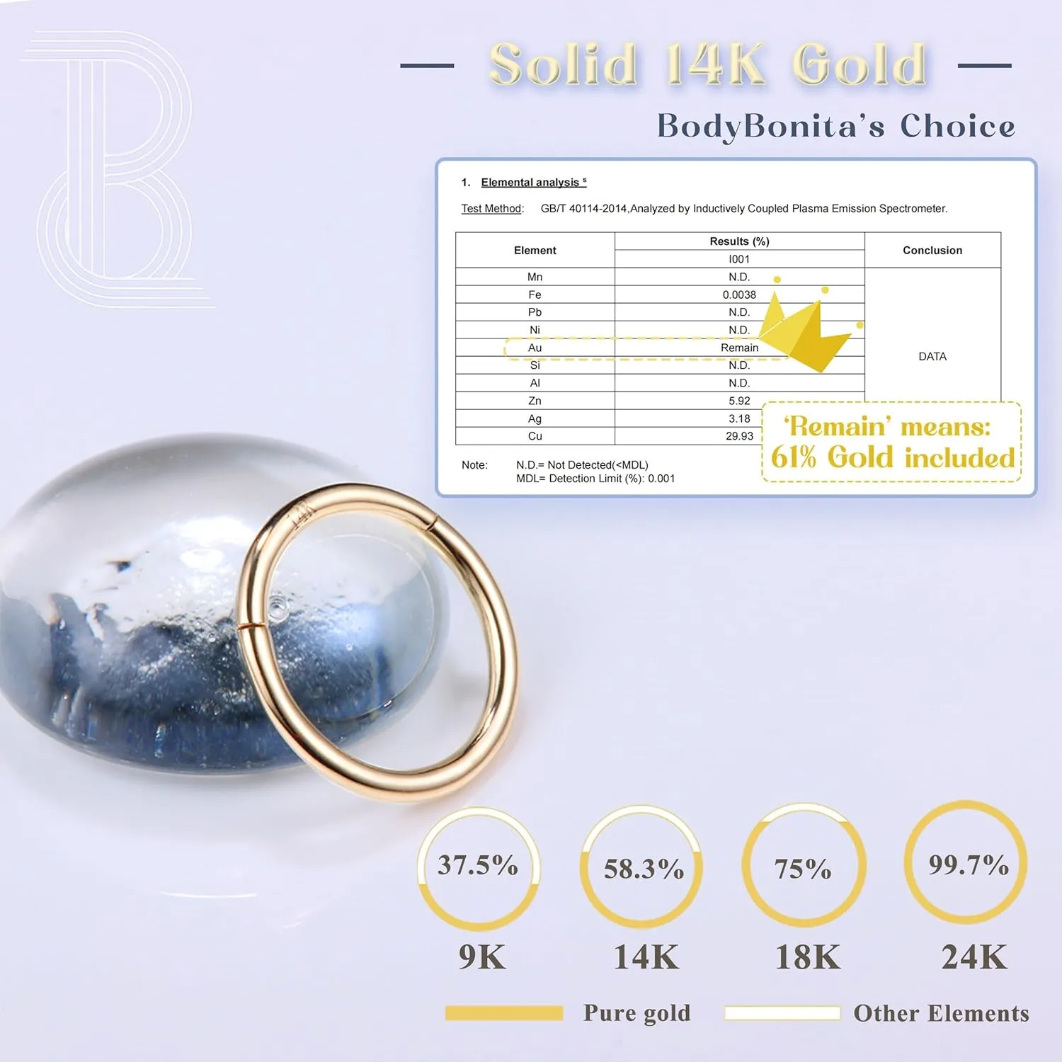 BodyBonita Hinged 14K Solid Gold Nose Rings Hoops - 16G Septum Rings CZ Clicker Hypoallergenic Cartilage Earrings for Women Conch Piercing Jewelry Helix Tragus Lobe Daith Snug Belly Button 7mm-10mm