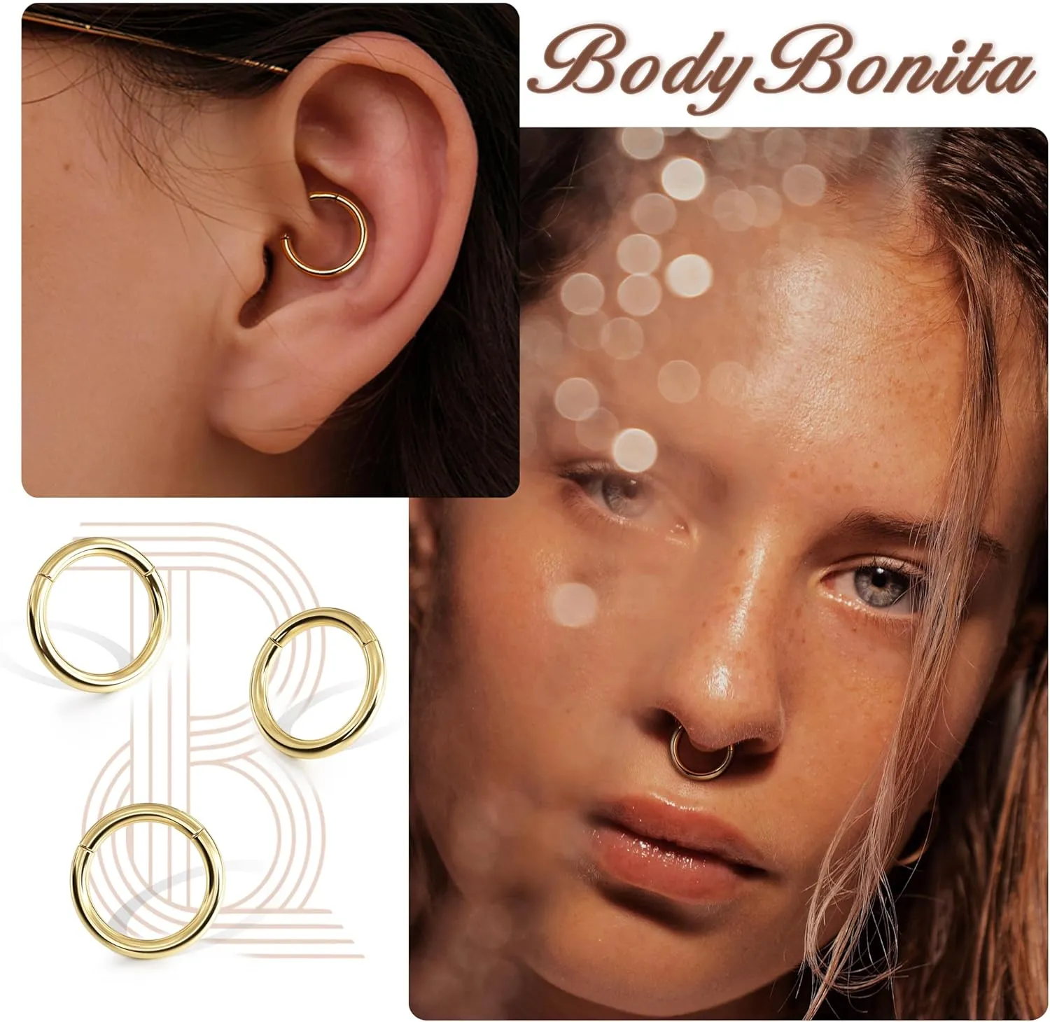 BodyBonita Hinged 14K Solid Gold Nose Rings Hoops - 16G Septum Rings CZ Clicker Hypoallergenic Cartilage Earrings for Women Conch Piercing Jewelry Helix Tragus Lobe Daith Snug Belly Button 7mm-10mm