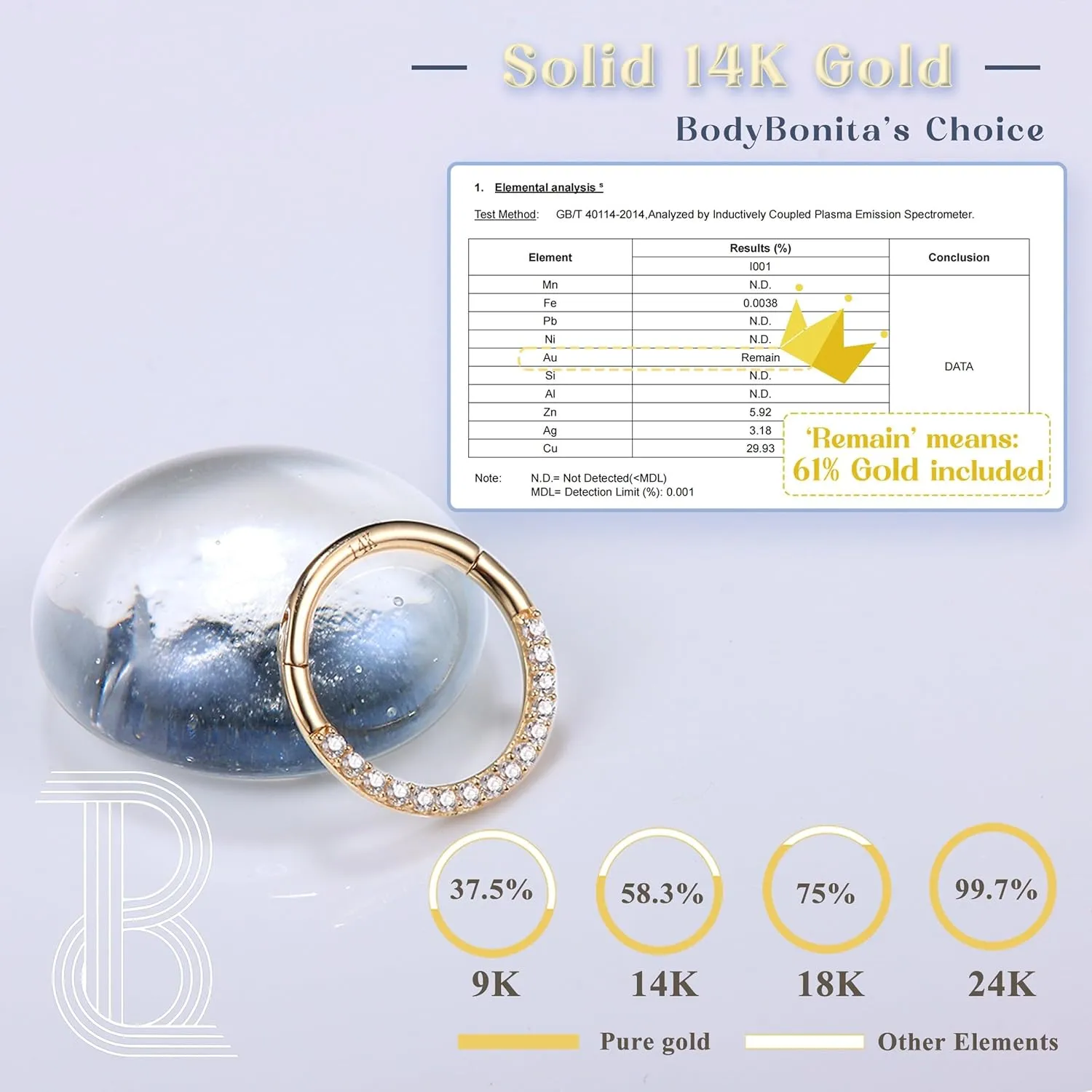 BodyBonita Hinged 14K Solid Gold Nose Rings Hoops - 16G Septum Rings CZ Clicker Hypoallergenic Cartilage Earrings for Women Conch Piercing Jewelry Helix Tragus Lobe Daith Snug Belly Button 7mm-10mm