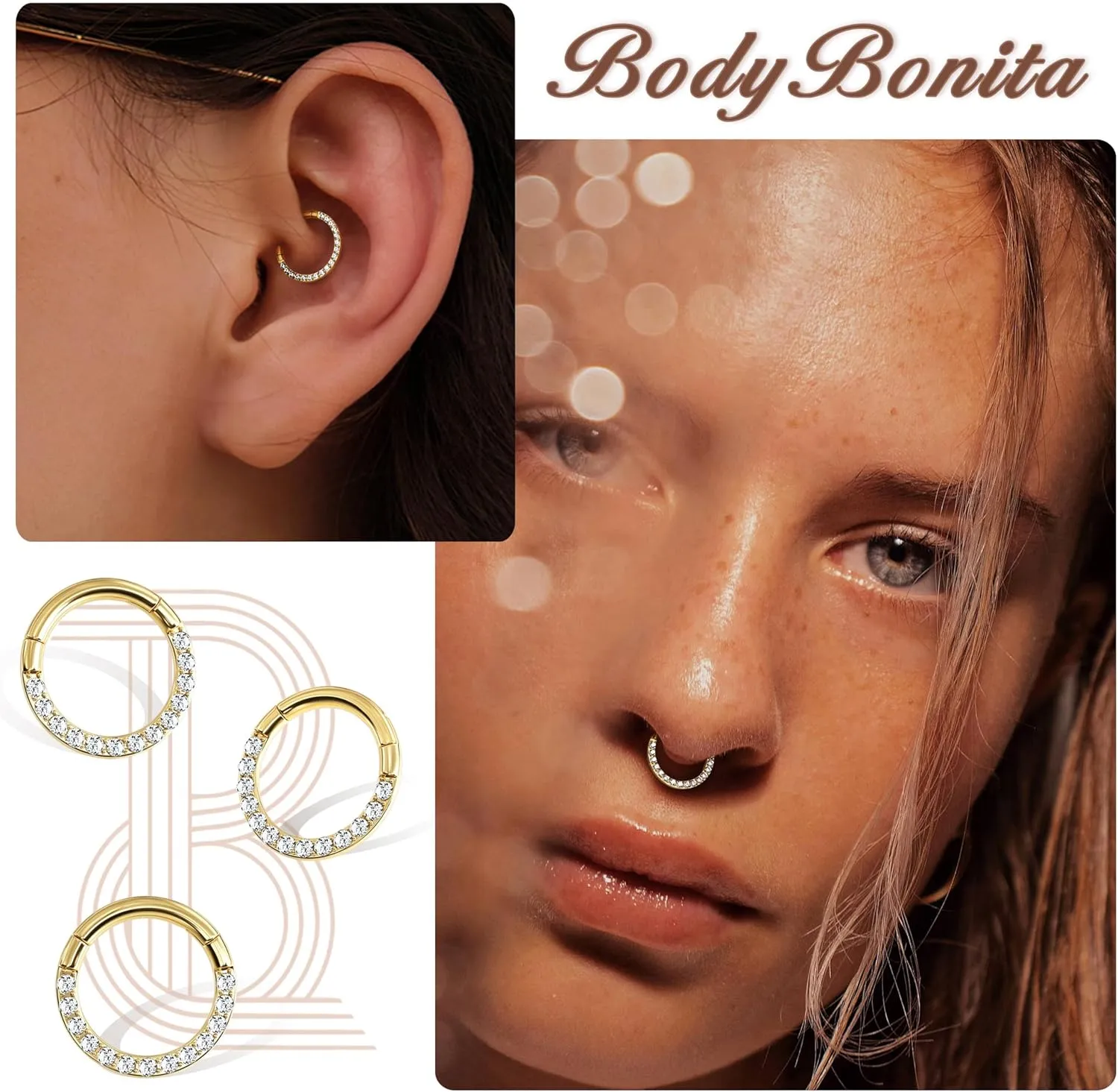 BodyBonita Hinged 14K Solid Gold Nose Rings Hoops - 16G Septum Rings CZ Clicker Hypoallergenic Cartilage Earrings for Women Conch Piercing Jewelry Helix Tragus Lobe Daith Snug Belly Button 7mm-10mm