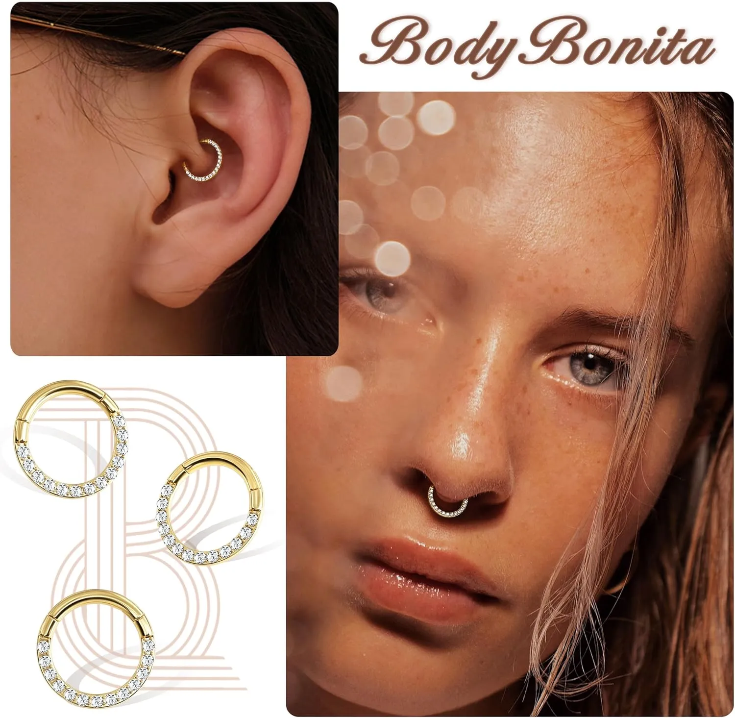 BodyBonita Hinged 14K Solid Gold Nose Rings Hoops - 16G Septum Rings CZ Clicker Hypoallergenic Cartilage Earrings for Women Conch Piercing Jewelry Helix Tragus Lobe Daith Snug Belly Button 7mm-10mm