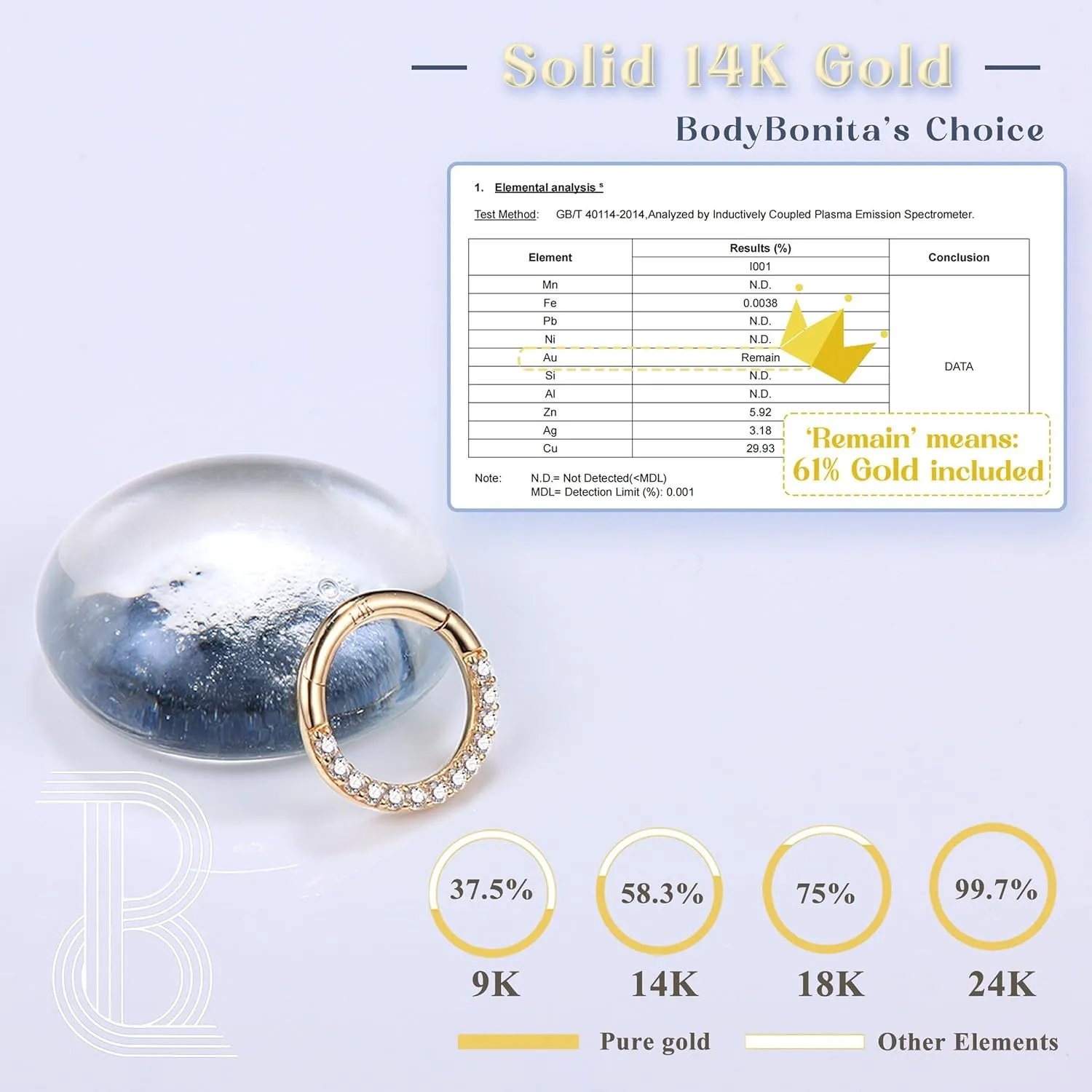 BodyBonita Hinged 14K Solid Gold Nose Rings Hoops - 16G Septum Rings CZ Clicker Hypoallergenic Cartilage Earrings for Women Conch Piercing Jewelry Helix Tragus Lobe Daith Snug Belly Button 7mm-10mm