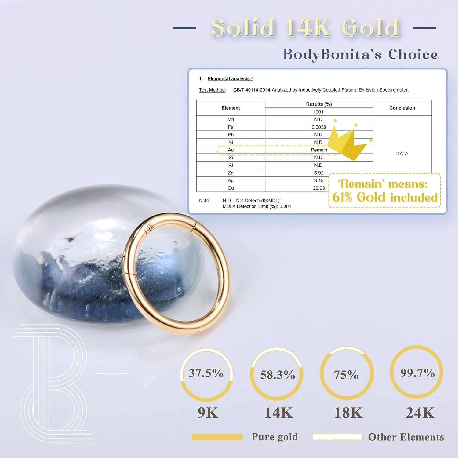 BodyBonita Hinged 14K Solid Gold Nose Rings Hoops - 16G Septum Rings CZ Clicker Hypoallergenic Cartilage Earrings for Women Conch Piercing Jewelry Helix Tragus Lobe Daith Snug Belly Button 7mm-10mm