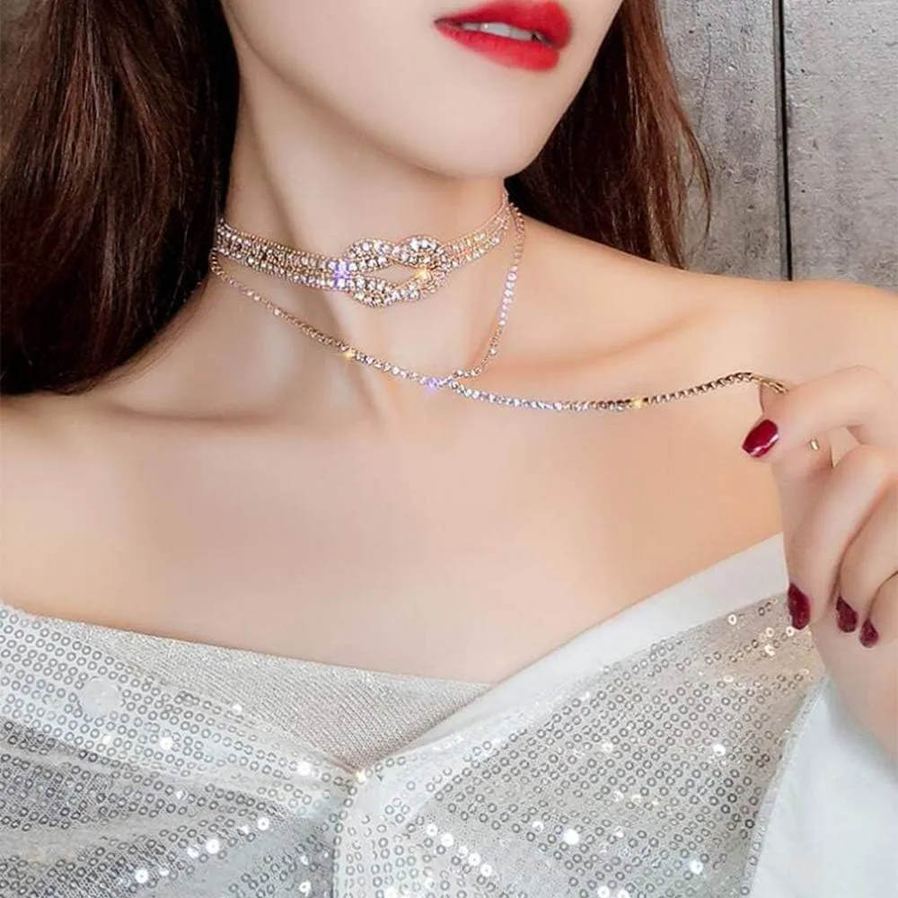 Bohemia Layered Y Choker Necklace Rhinestone Choker Diamond Necklace Delicate Y Necklace Long Pendant Necklace for Women and Girls
