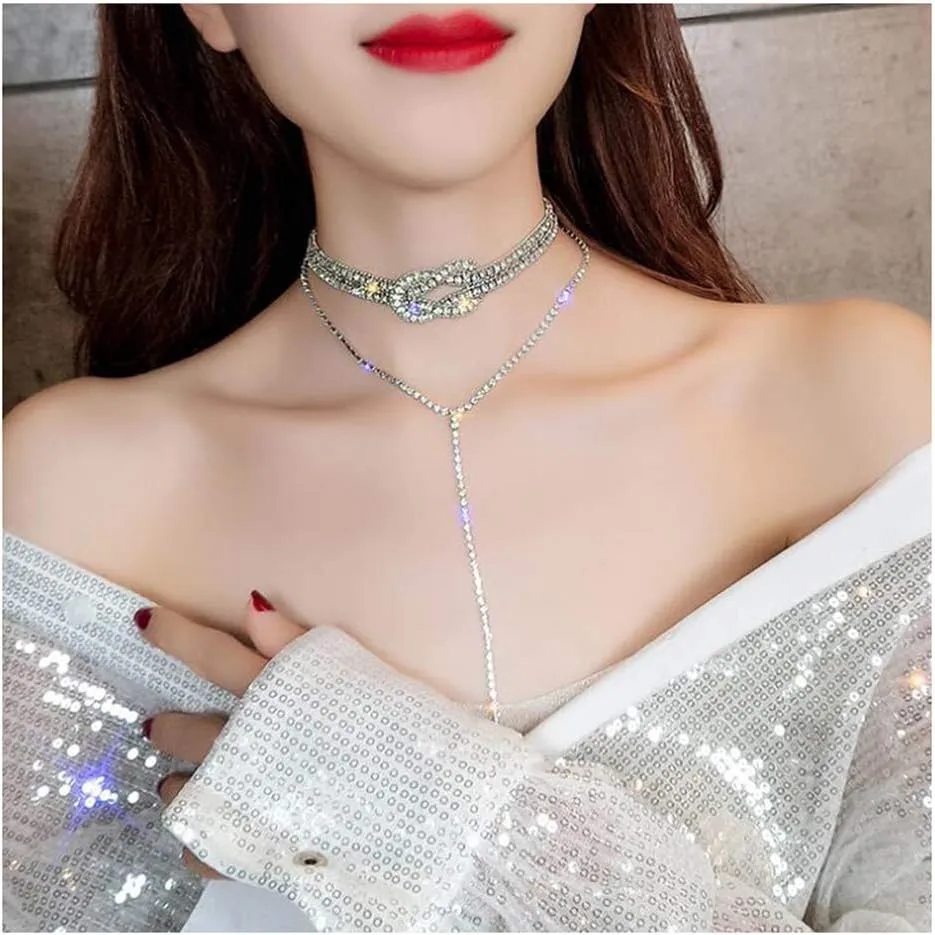 Bohemia Layered Y Choker Necklace Rhinestone Choker Diamond Necklace Delicate Y Necklace Long Pendant Necklace for Women and Girls