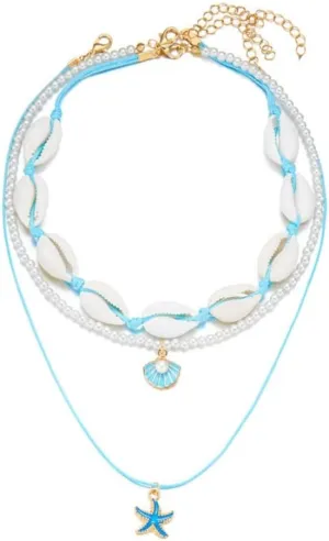 Bohemian Puka Shell Starfish Scallop Choker Necklace for Women Boho Handmade Summer Beach Seashell Imitation Pearl Layered Necklace Hawaii Holiday Jewelry Gift
