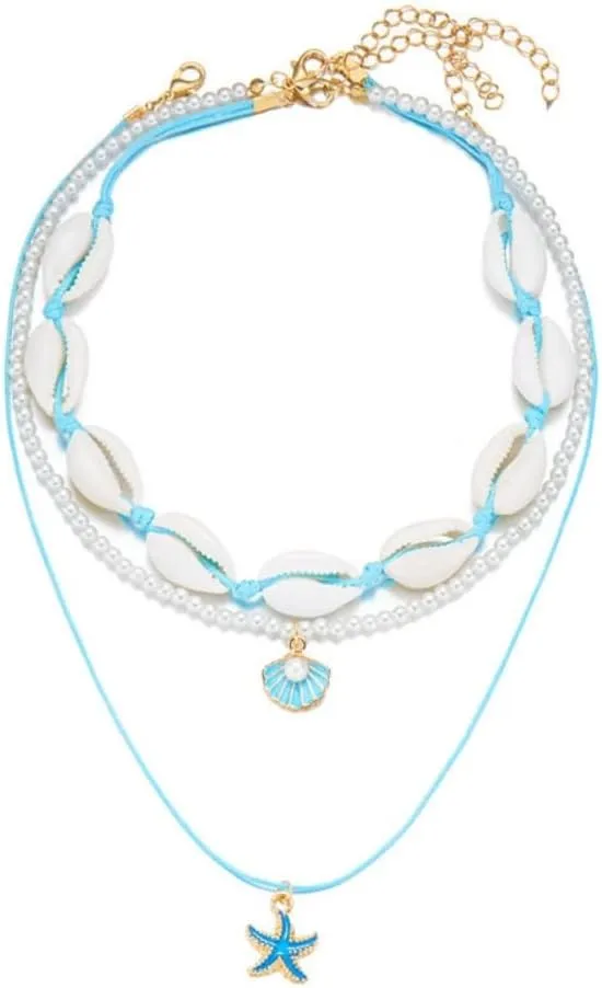 Bohemian Puka Shell Starfish Scallop Choker Necklace for Women Boho Handmade Summer Beach Seashell Imitation Pearl Layered Necklace Hawaii Holiday Jewelry Gift