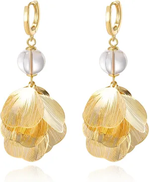Boho Flower Layered Floral Leaf Drop Dangle Earring For Women,Metal CZ Gold Lightweight Flower Bohemian Gold Petal Exaggerated Jewelry Earrings For Women Brides Party Prom Wedding