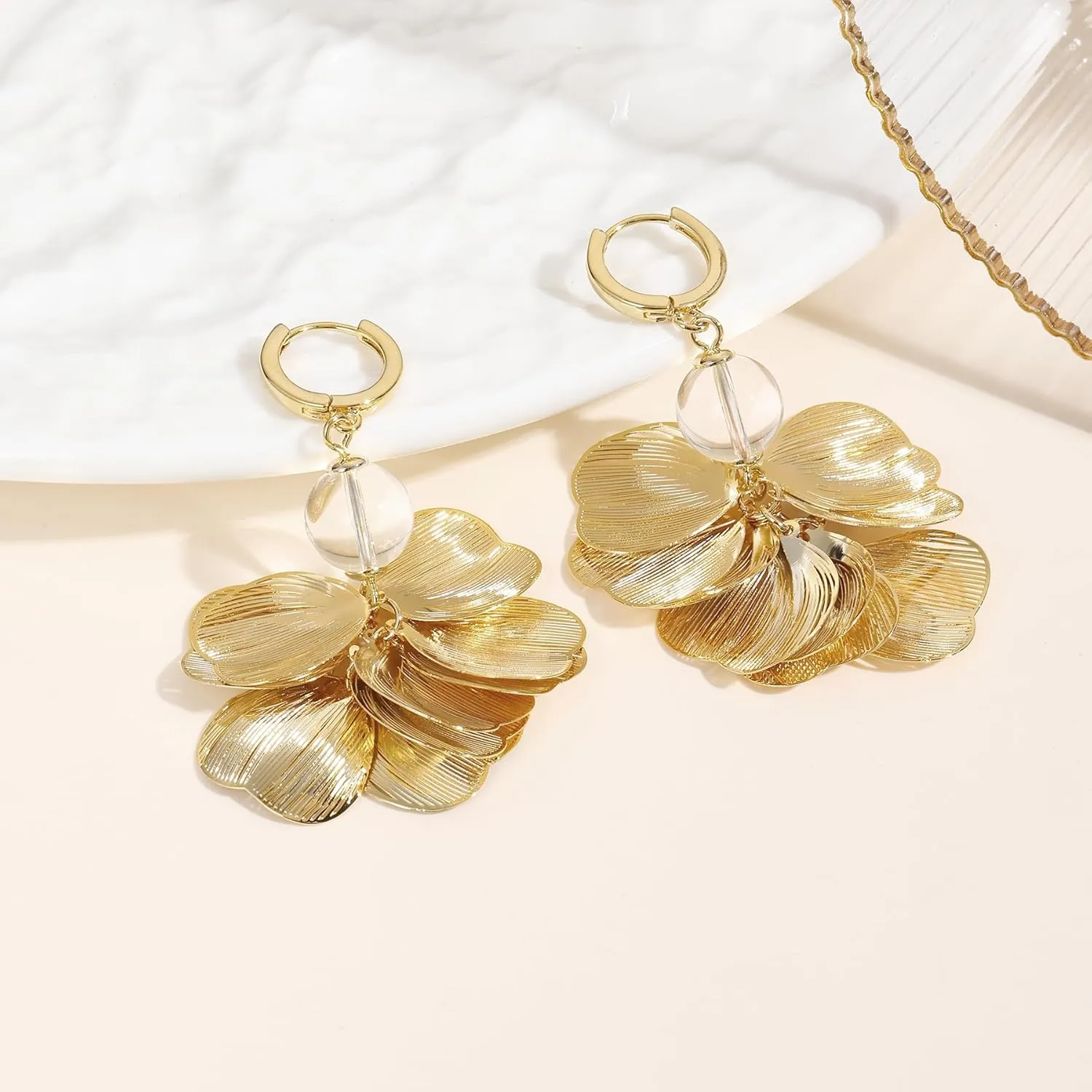 Boho Flower Layered Floral Leaf Drop Dangle Earring For Women,Metal CZ Gold Lightweight Flower Bohemian Gold Petal Exaggerated Jewelry Earrings For Women Brides Party Prom Wedding