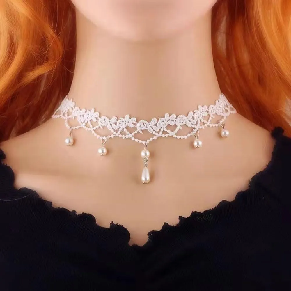 Boho Flower Pearl Lace Choker Necklace Waterdrop Pendant Necklace Choker Vintage Teardrop Clavicle Necklace Dainty Neck Chain for Bridemaids Wedding