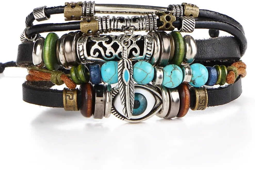 Boho National Stone Feather Multilayer Leather Bracelet Evil Eye Charms Turquoises Beads Bracelets for Men Vintage Punk Wrap Wristband Owl Bird Bracelet