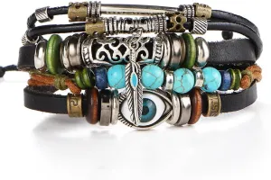 Boho National Stone Feather Multilayer Leather Bracelet Evil Eye Charms Turquoises Beads Bracelets for Men Vintage Punk Wrap Wristband Owl Bird Bracelet