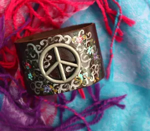 Boho Style Adjustable Wide Brown Leather Silver Peace Sign Cuff Bracelet with Hand Painted Colorful Flowers Crystal Rhinestones Romantic Bohemian Jewelry for Women Teens Girls
