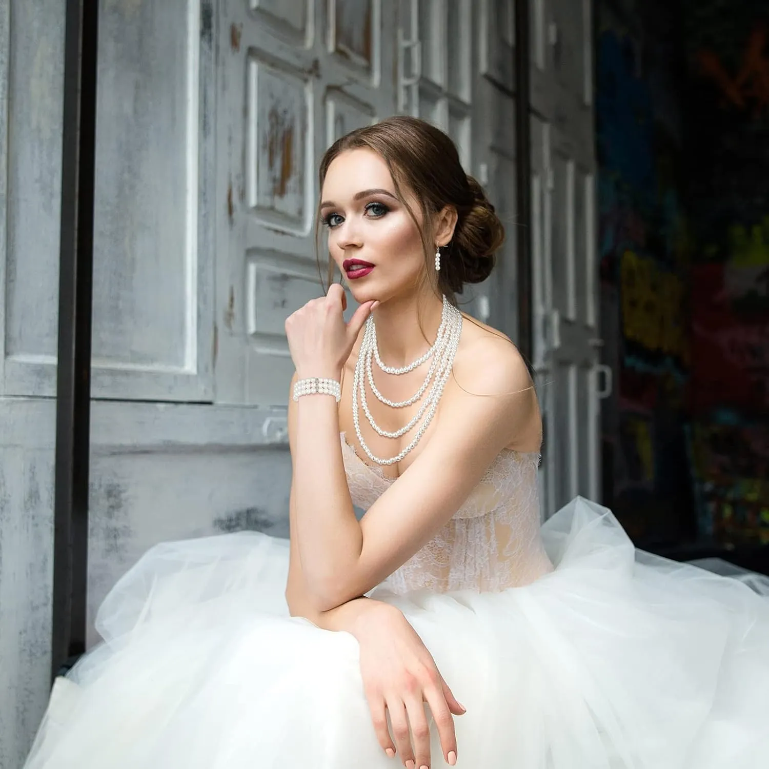 Bonuci 8 Pcs Pearl Rhinestone Jewelry Set for Women Pearl Necklace Earrings Bracelet Set 1920s Jewelry Accessories for Valentines Wedding Tea Party