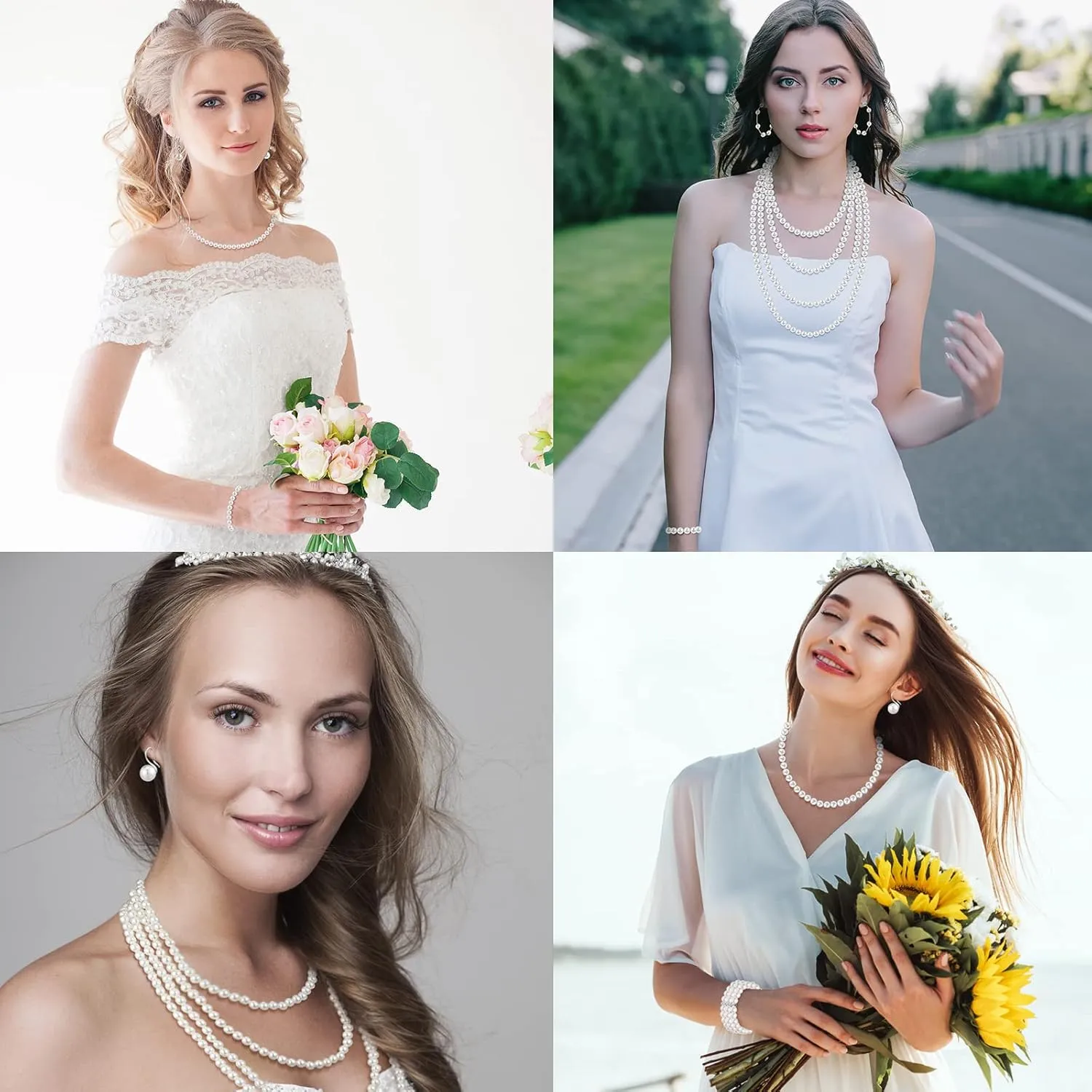Bonuci 8 Pcs Pearl Rhinestone Jewelry Set for Women Pearl Necklace Earrings Bracelet Set 1920s Jewelry Accessories for Valentines Wedding Tea Party