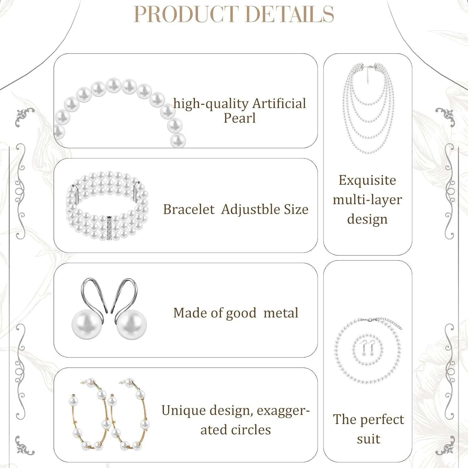 Bonuci 8 Pcs Pearl Rhinestone Jewelry Set for Women Pearl Necklace Earrings Bracelet Set 1920s Jewelry Accessories for Valentines Wedding Tea Party
