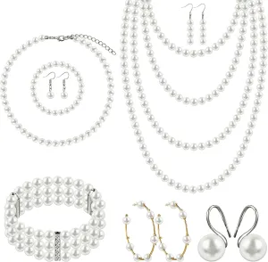 Bonuci 8 Pcs Pearl Rhinestone Jewelry Set for Women Pearl Necklace Earrings Bracelet Set 1920s Jewelry Accessories for Valentines Wedding Tea Party